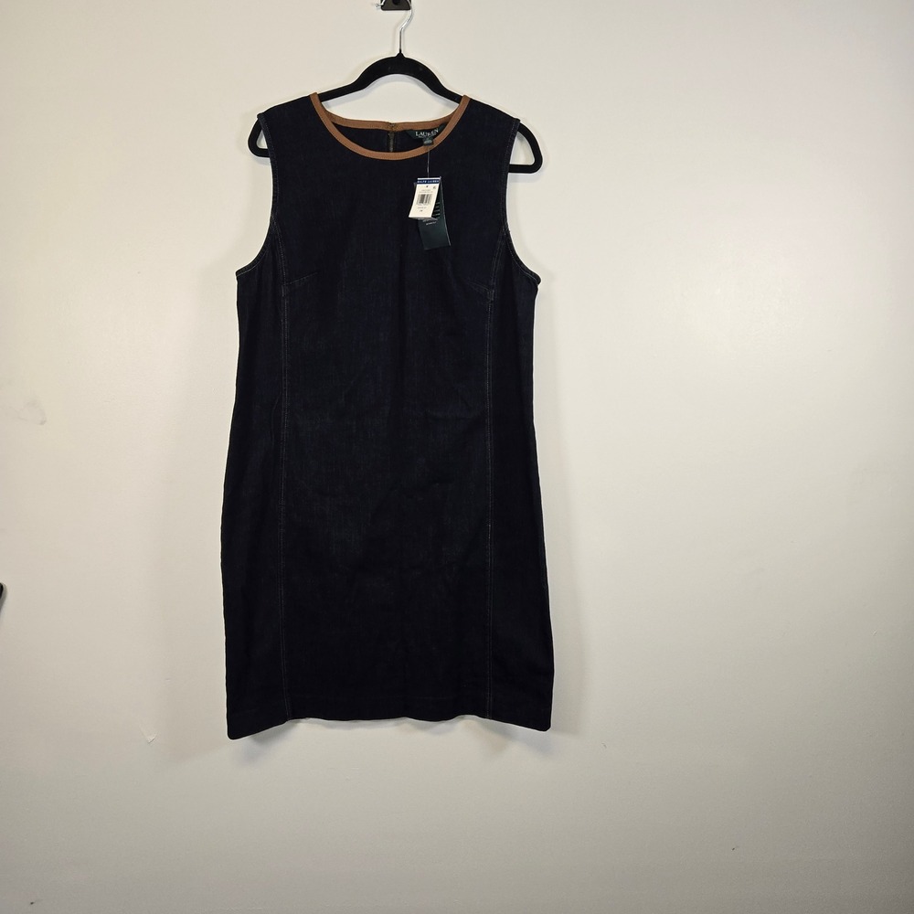 Lauren Ralph Lauren Women Indigo Denim Leather Trim Sheath Dress 14 Grove St - Picture 2 of 10